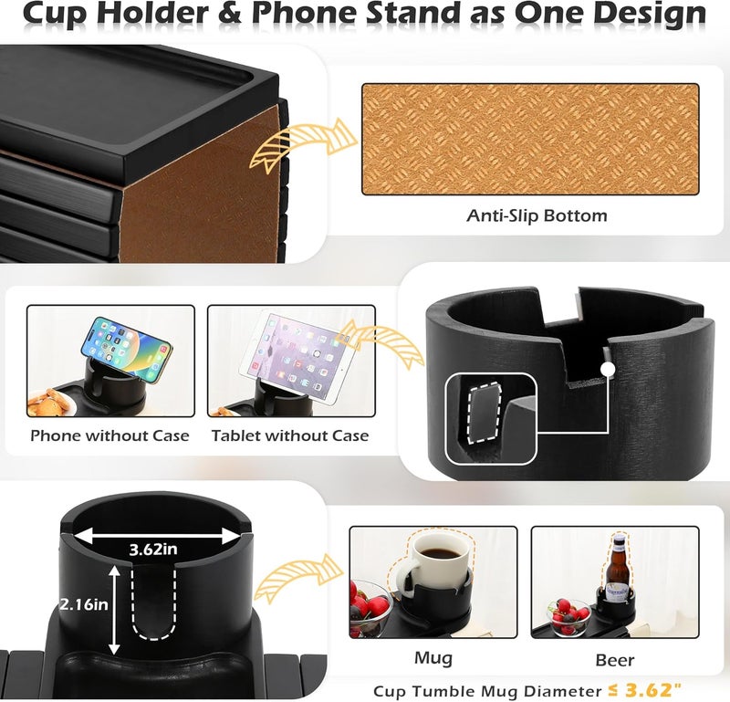 BAMTRAY Couch Cup Holder Tray, 15.75" Bamboo Cup Holder for Couch, 3 in 1 Foldable Arm Chair Clip on Side Tray Table for Remote Snack Table on Armrest - Image 4